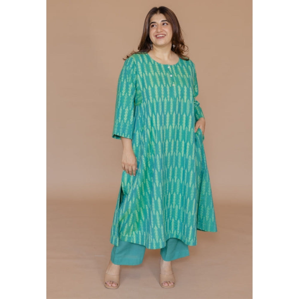 The Indian Ethnic Co. Alizah Green Handloom Ikkat Cotton Jhabba Kali Kurta