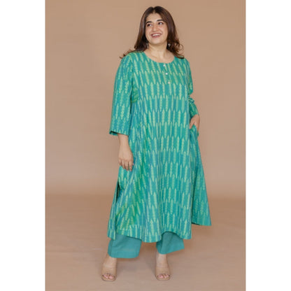 The Indian Ethnic Co. Alizah Green Handloom Ikkat Cotton Jhabba Kali Kurta