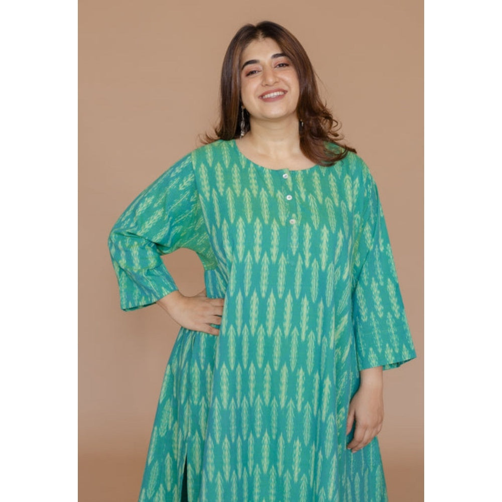 The Indian Ethnic Co. Alizah Green Handloom Ikkat Cotton Jhabba Kali Kurta