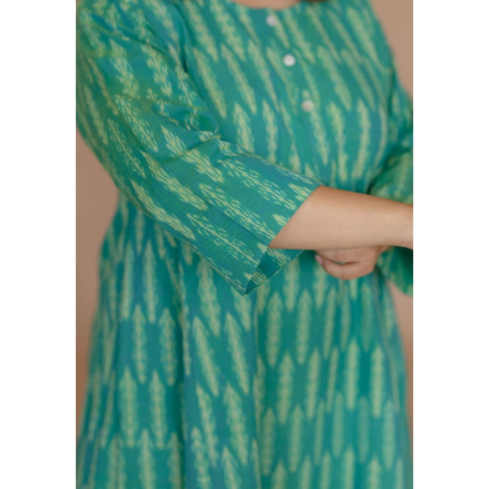The Indian Ethnic Co. Alizah Green Handloom Ikkat Cotton Jhabba Kali Kurta