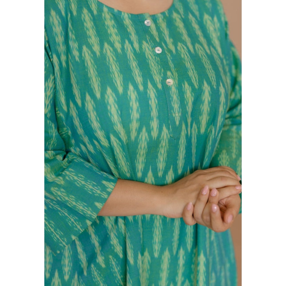 The Indian Ethnic Co. Alizah Green Handloom Ikkat Cotton Jhabba Kali Kurta