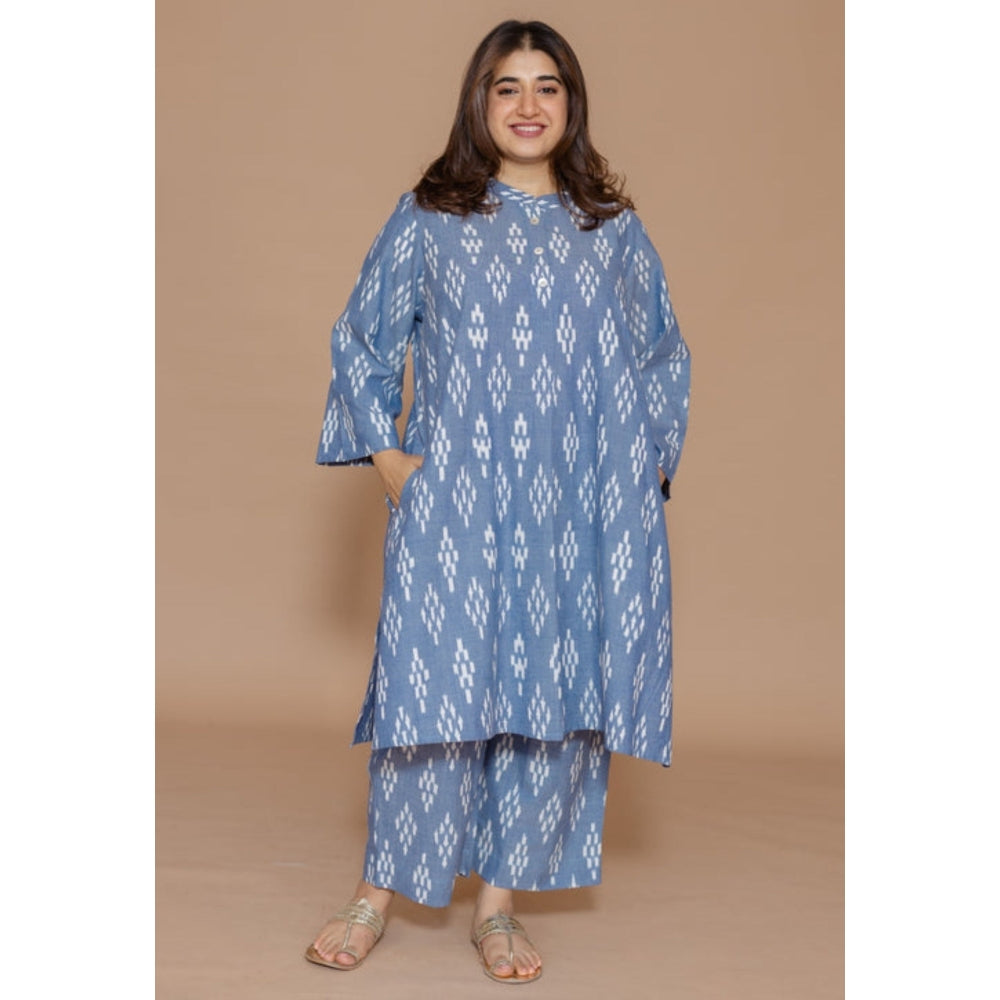 The Indian Ethnic Co. Ayaat Blue Handloom Ikkat Cotton Straight Kurta