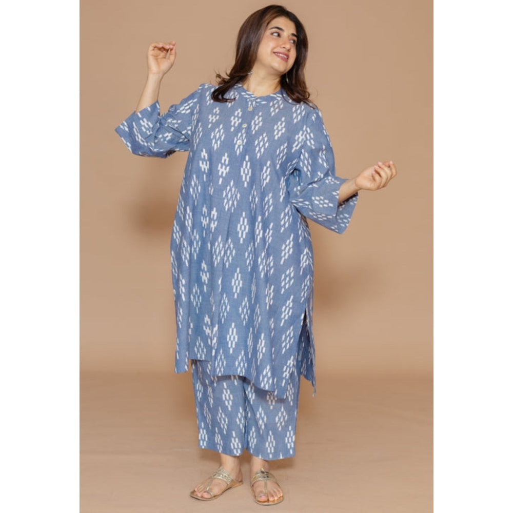 The Indian Ethnic Co. Ayaat Blue Handloom Ikkat Cotton Straight Kurta