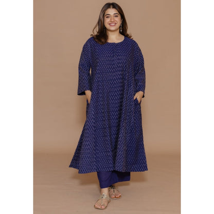 The Indian Ethnic Co. Alizah Blue Handloom Ikkat Cotton Jhabba Kali Kurta