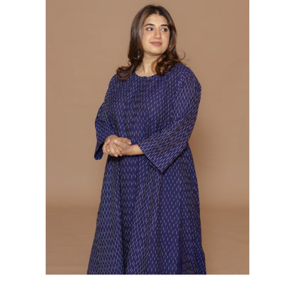 The Indian Ethnic Co. Alizah Blue Handloom Ikkat Cotton Jhabba Kali Kurta