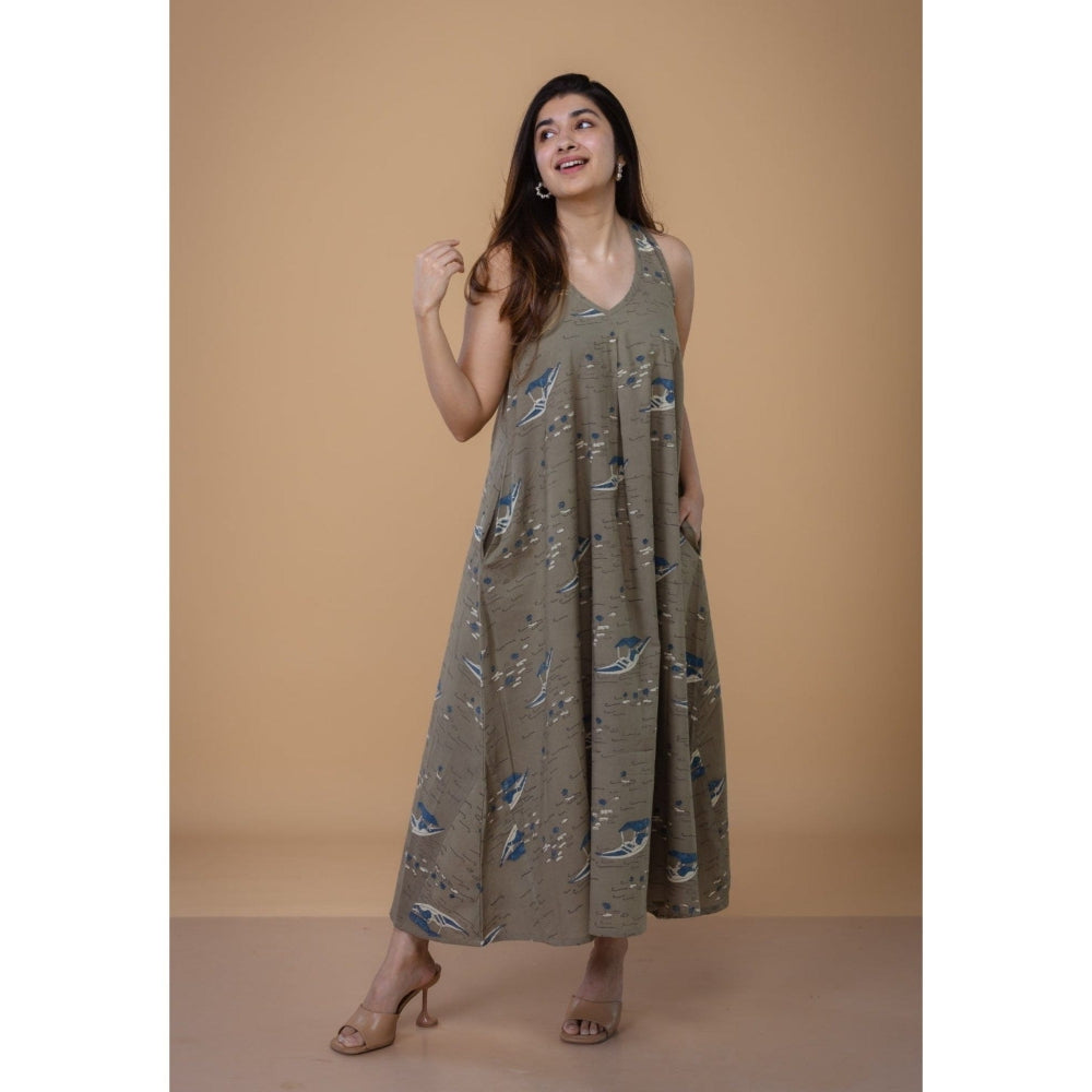 The Indian Ethnic Co. Tashi Grey Ajrakh Cotton A Line Dress