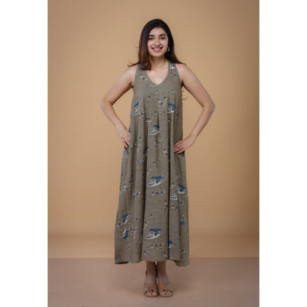 The Indian Ethnic Co. Tashi Grey Ajrakh Cotton A Line Dress