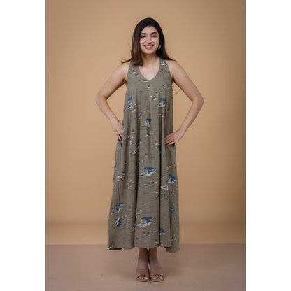 The Indian Ethnic Co. Tashi Grey Ajrakh Cotton A Line Dress