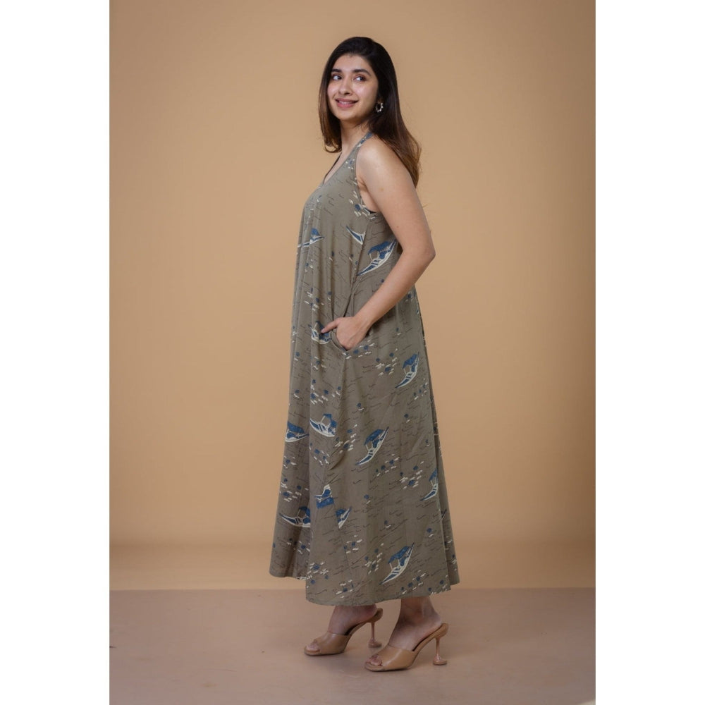 The Indian Ethnic Co. Tashi Grey Ajrakh Cotton A Line Dress