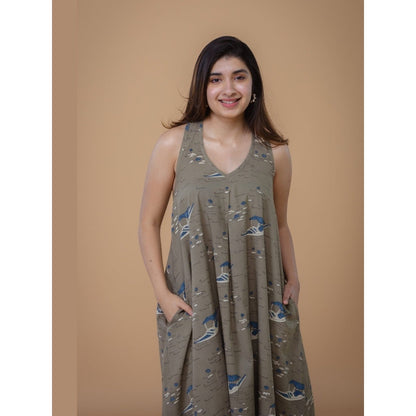 The Indian Ethnic Co. Tashi Grey Ajrakh Cotton A Line Dress