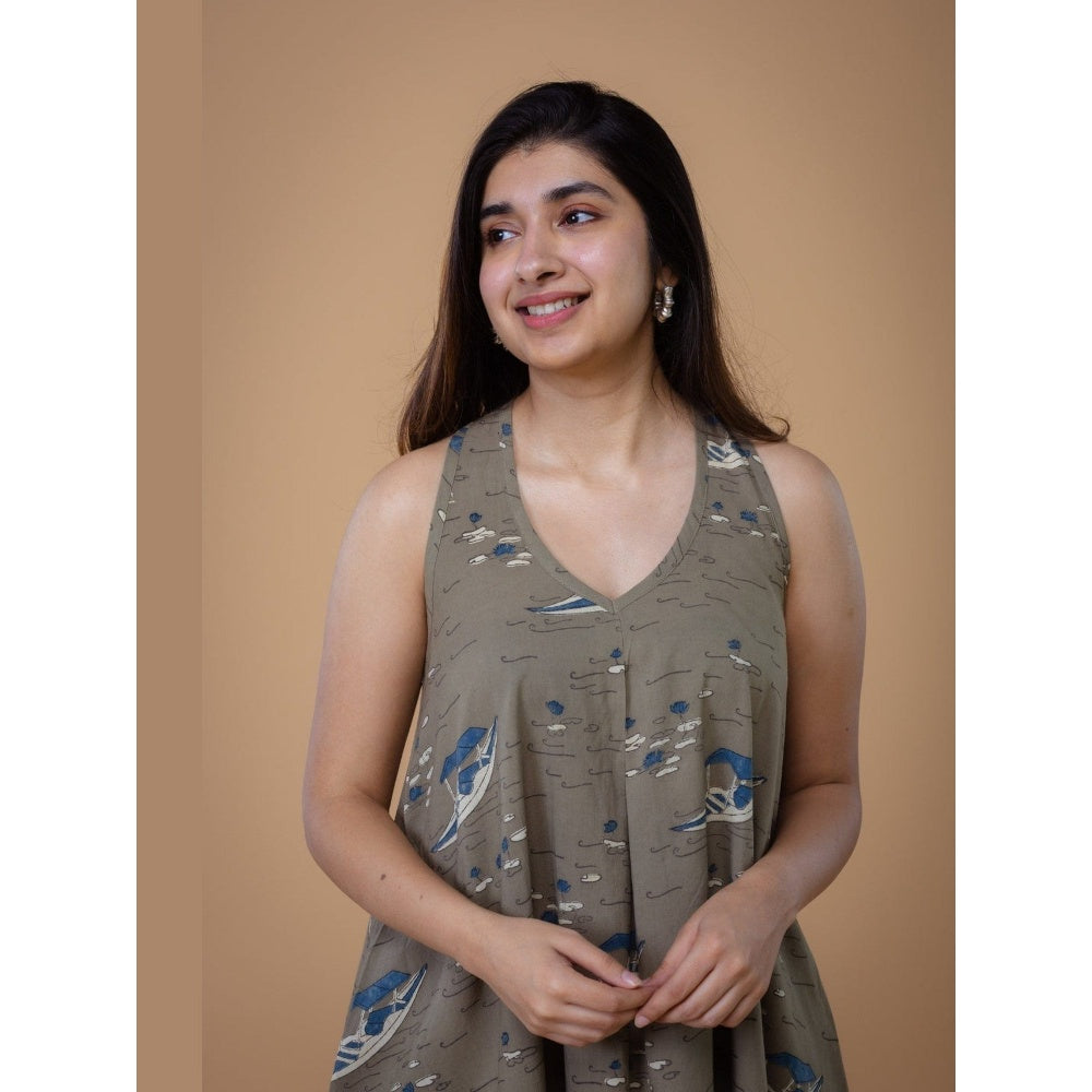 The Indian Ethnic Co. Tashi Grey Ajrakh Cotton A Line Dress