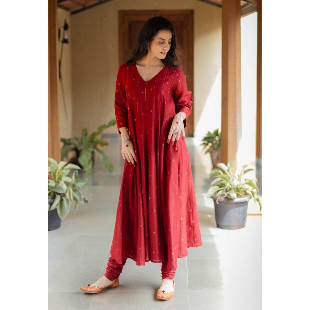 The Indian Ethnic Co. Advika Madder Ajrakh Chanderi Silk Kali Kurta With Hand Embroidery