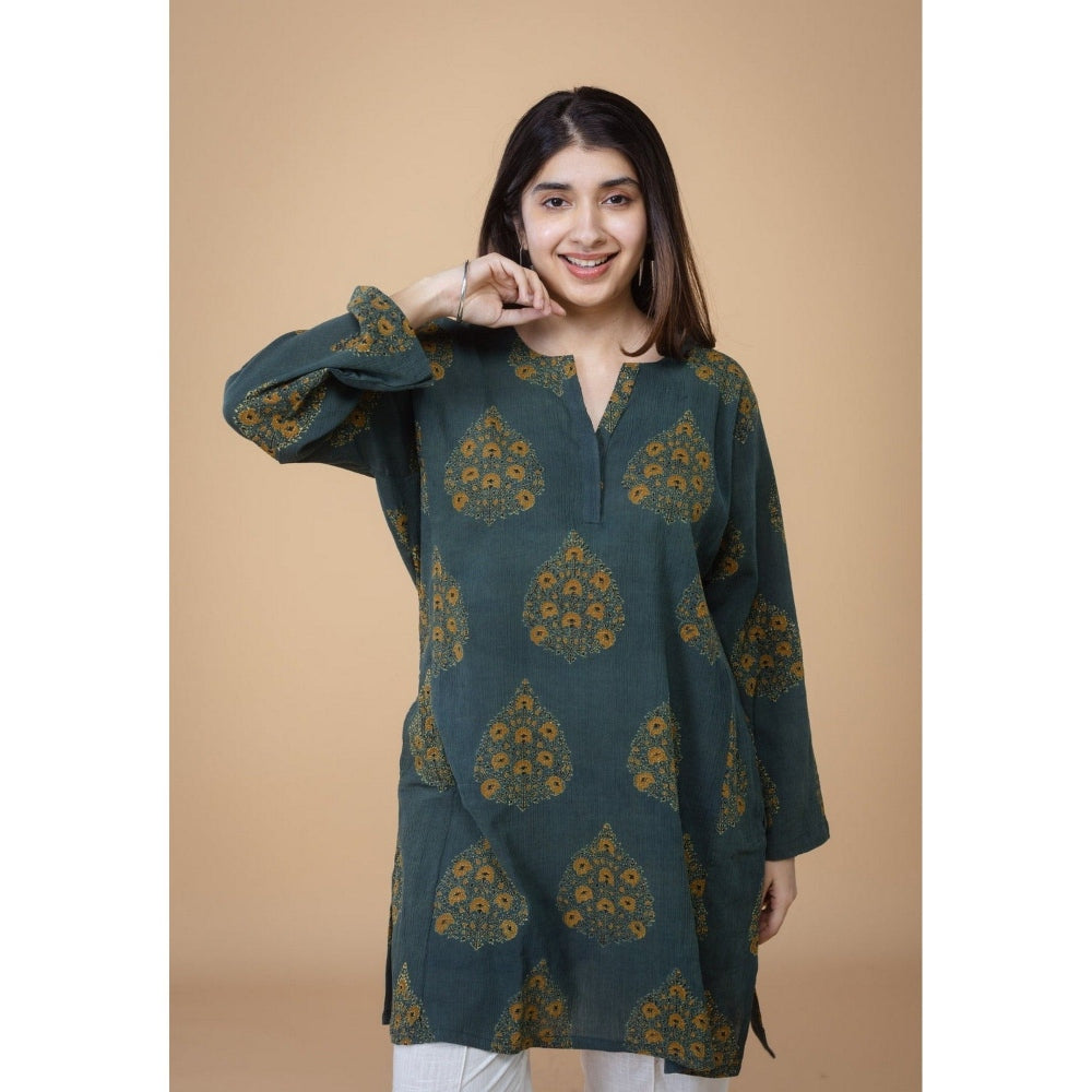 The Indian Ethnic Co. Veda Green Ajrakh Crush Cotton A Line Kurta