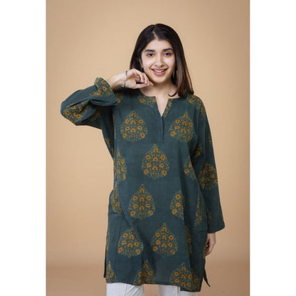 The Indian Ethnic Co. Veda Green Ajrakh Crush Cotton A Line Kurta
