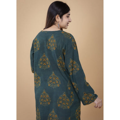 The Indian Ethnic Co. Veda Green Ajrakh Crush Cotton A Line Kurta