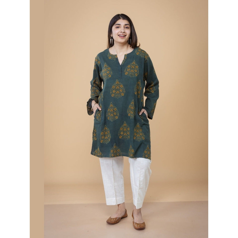 The Indian Ethnic Co. Veda Green Ajrakh Crush Cotton A Line Kurta
