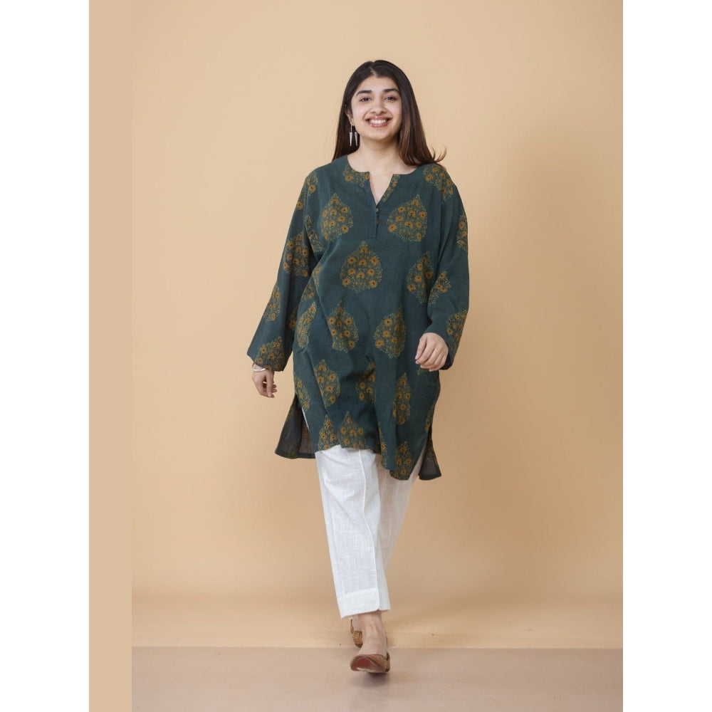 The Indian Ethnic Co. Veda Green Ajrakh Crush Cotton A Line Kurta