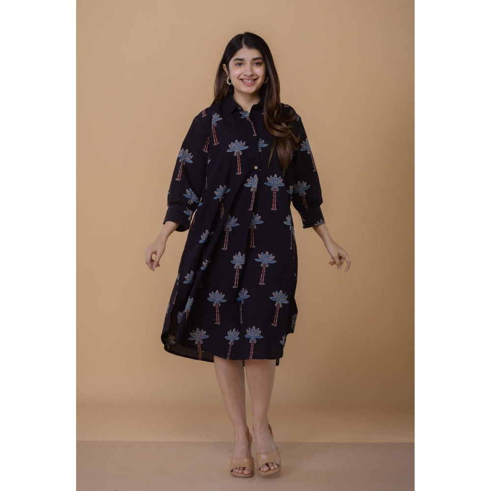 The Indian Ethnic Co. Ridah Black Ajrakh Cotton A Line Dress