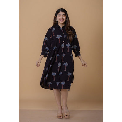 The Indian Ethnic Co. Ridah Black Ajrakh Cotton A Line Dress