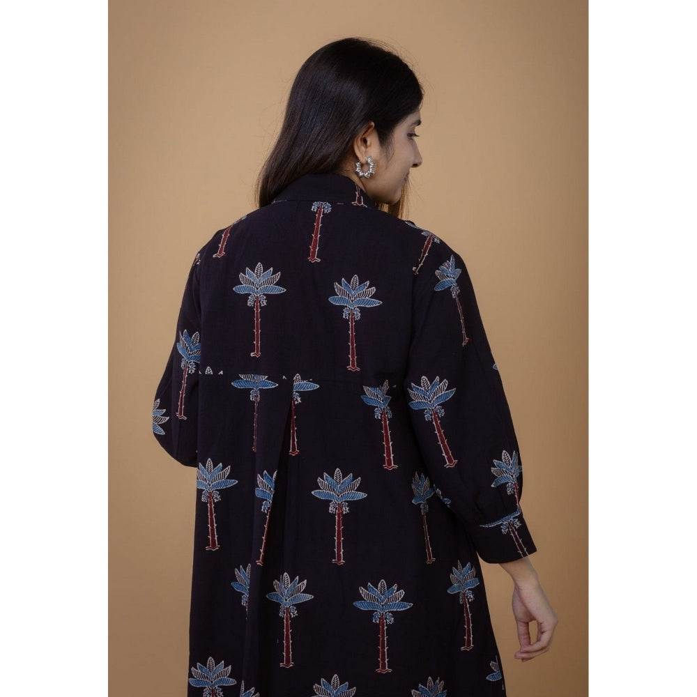 The Indian Ethnic Co. Ridah Black Ajrakh Cotton A Line Dress