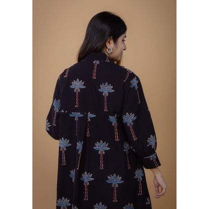 The Indian Ethnic Co. Ridah Black Ajrakh Cotton A Line Dress