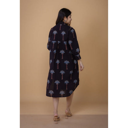 The Indian Ethnic Co. Ridah Black Ajrakh Cotton A Line Dress