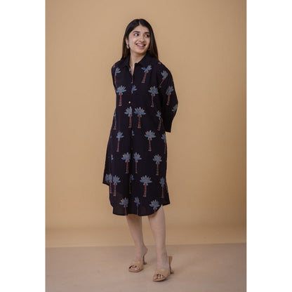 The Indian Ethnic Co. Ridah Black Ajrakh Cotton A Line Dress