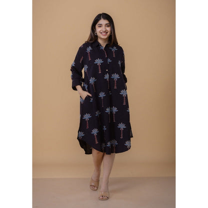The Indian Ethnic Co. Ridah Black Ajrakh Cotton A Line Dress