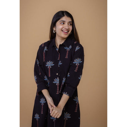 The Indian Ethnic Co. Ridah Black Ajrakh Cotton A Line Dress