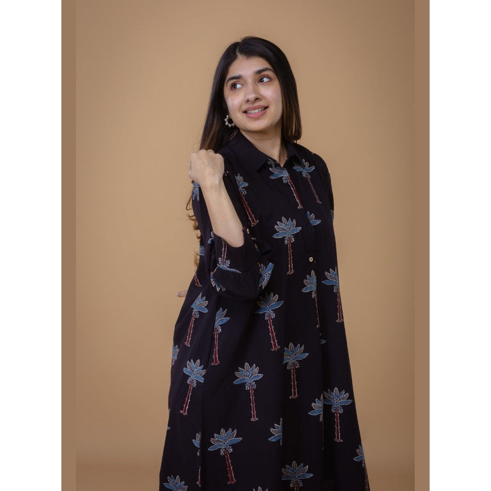 The Indian Ethnic Co. Ridah Black Ajrakh Cotton A Line Dress