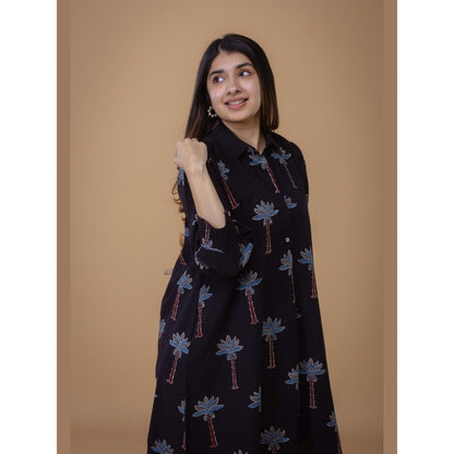 The Indian Ethnic Co. Ridah Black Ajrakh Cotton A Line Dress