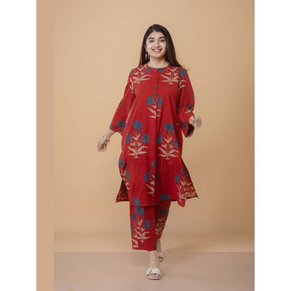 The Indian Ethnic Co. Sofia Red Ajrakh Cotton Straight Co-Ord Set