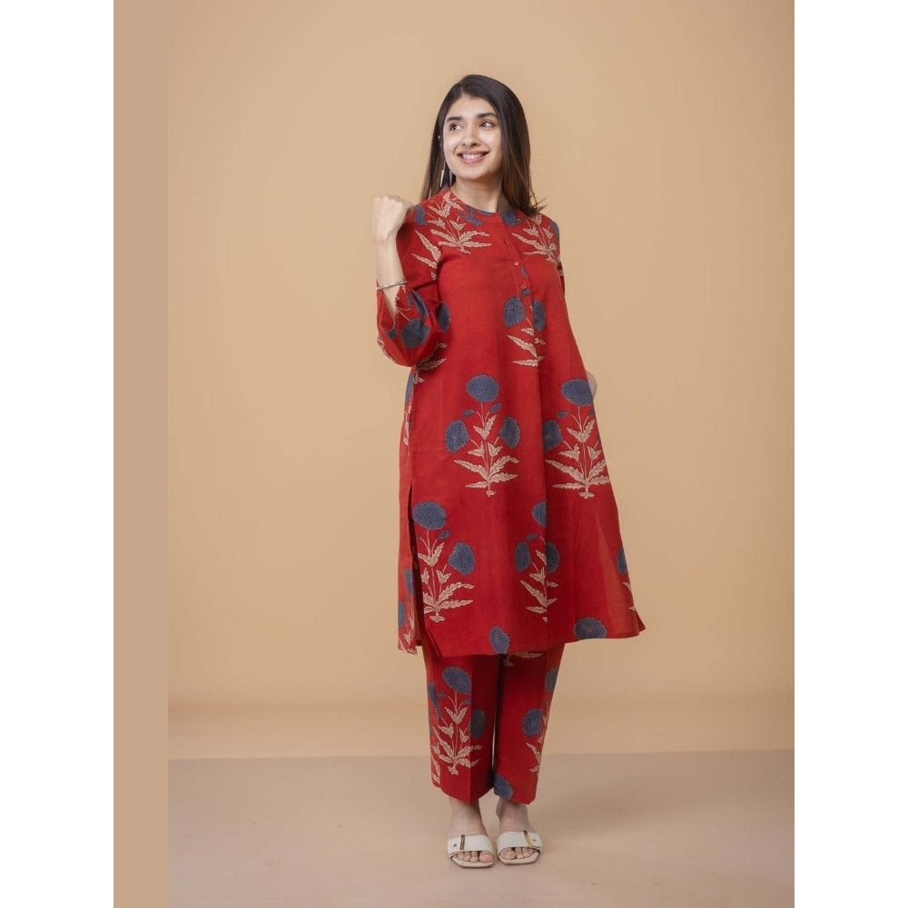 The Indian Ethnic Co. Sofia Red Ajrakh Cotton Straight Co-Ord Set