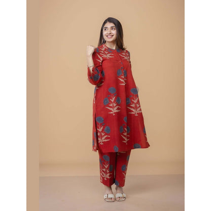 The Indian Ethnic Co. Sofia Red Ajrakh Cotton Straight Co-Ord Set