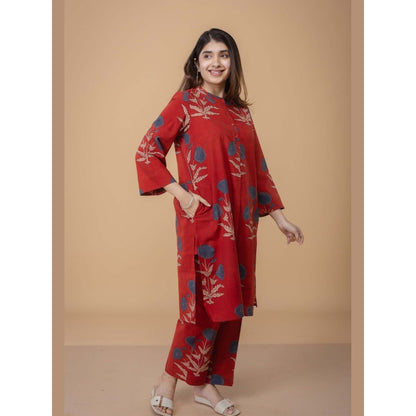The Indian Ethnic Co. Sofia Red Ajrakh Cotton Straight Co-Ord Set