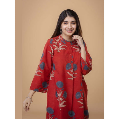 The Indian Ethnic Co. Sofia Red Ajrakh Cotton Straight Co-Ord Set