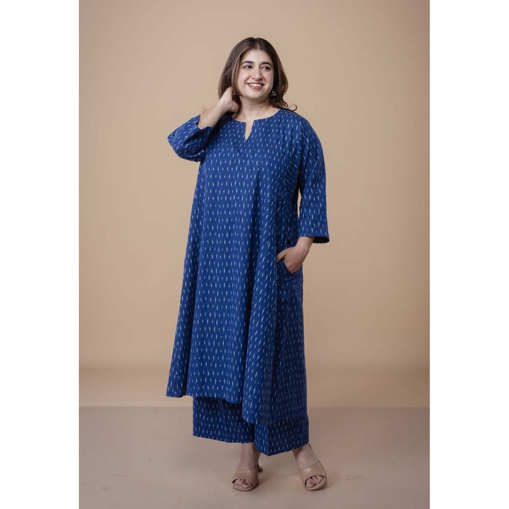 The Indian Ethnic Co. Nyra Blue Ikkat Cotton Jhabba Kali Co-Ord Set