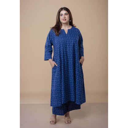 The Indian Ethnic Co. Nyra Blue Ikkat Cotton Jhabba Kali Co-Ord Set