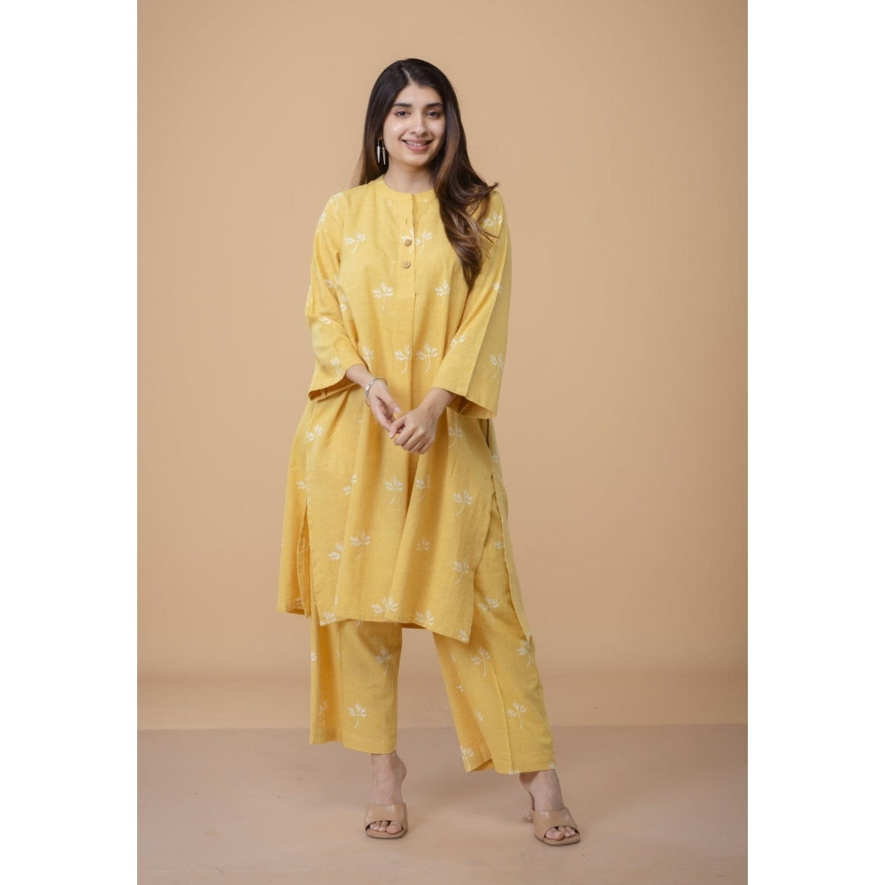 The Indian Ethnic Co. Women's Yellow Cotton Floral Printed Kurta with Pant