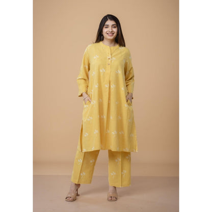 The Indian Ethnic Co. Women's Yellow Cotton Floral Printed Kurta with Pant