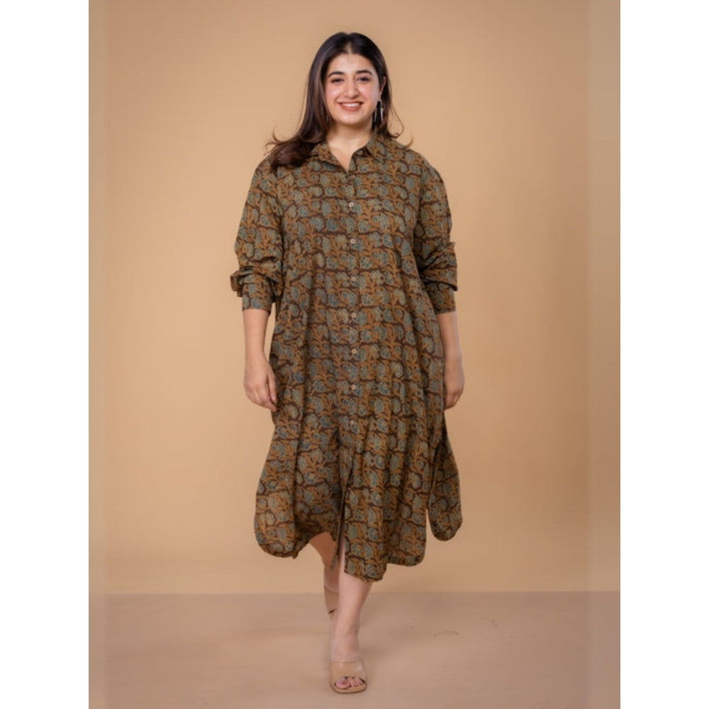 The Indian Ethnic Co. Samiyah Brown Ajrakh Cotton Shirt Dress