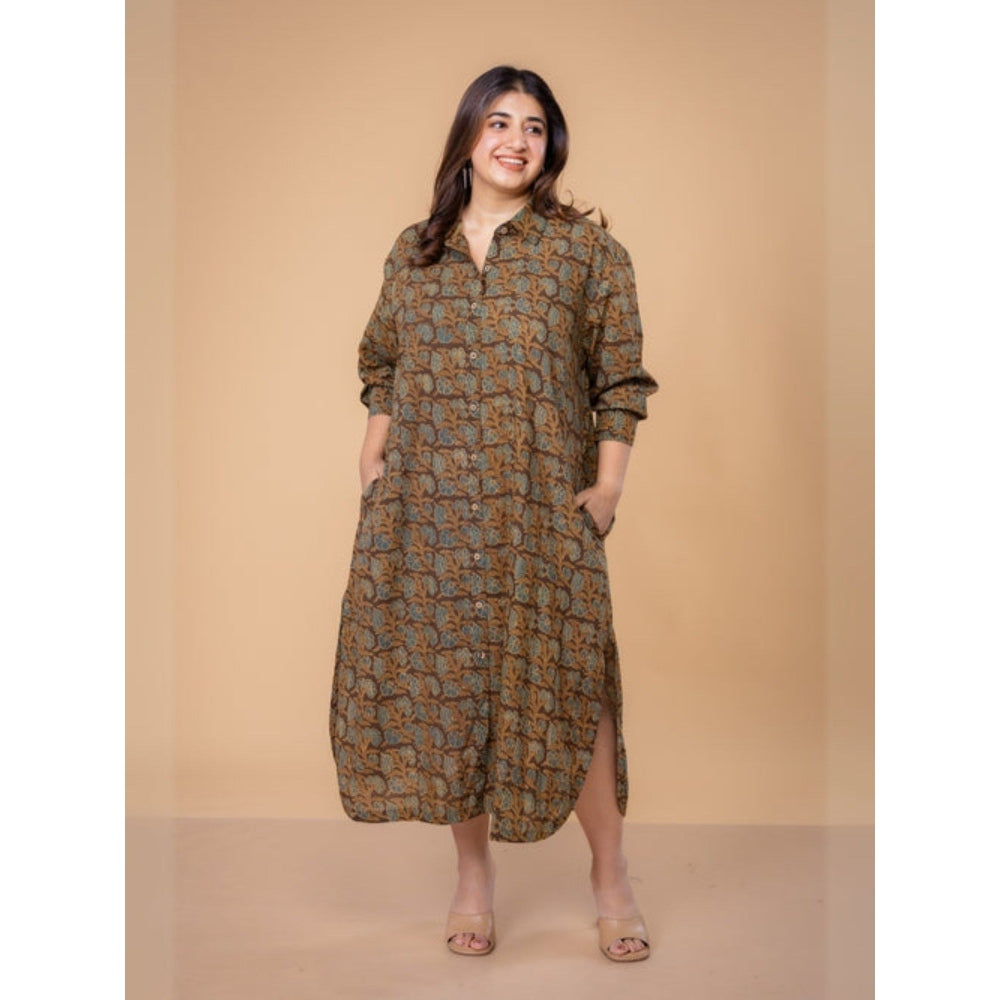 The Indian Ethnic Co. Samiyah Brown Ajrakh Cotton Shirt Dress