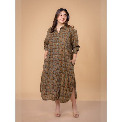 The Indian Ethnic Co. Samiyah Brown Ajrakh Cotton Shirt Dress