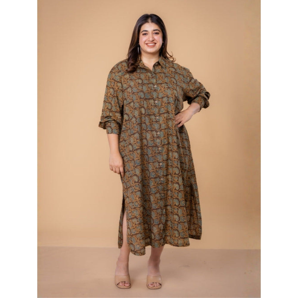 The Indian Ethnic Co. Samiyah Brown Ajrakh Cotton Shirt Dress