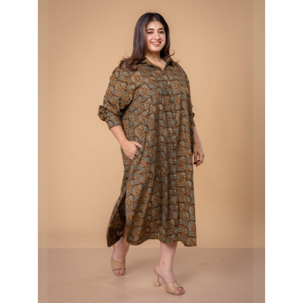 The Indian Ethnic Co. Samiyah Brown Ajrakh Cotton Shirt Dress