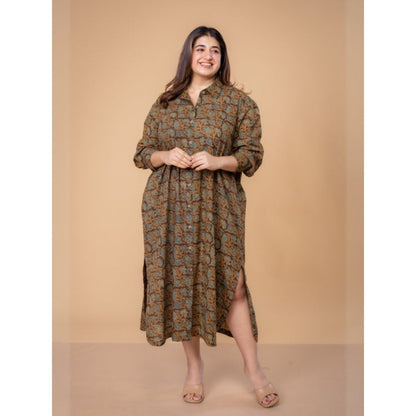 The Indian Ethnic Co. Samiyah Brown Ajrakh Cotton Shirt Dress