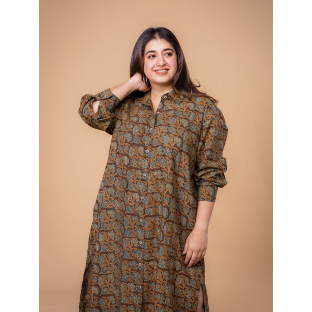 The Indian Ethnic Co. Samiyah Brown Ajrakh Cotton Shirt Dress