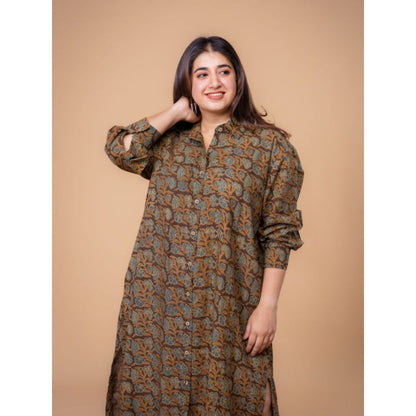 The Indian Ethnic Co. Samiyah Brown Ajrakh Cotton Shirt Dress