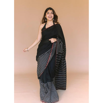 The Indian Ethnic Co. Black Ajrakh Hand Block Print Linen Saree with Unstitched Blouse