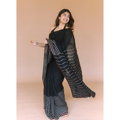 The Indian Ethnic Co. Black Ajrakh Hand Block Print Linen Saree with Unstitched Blouse